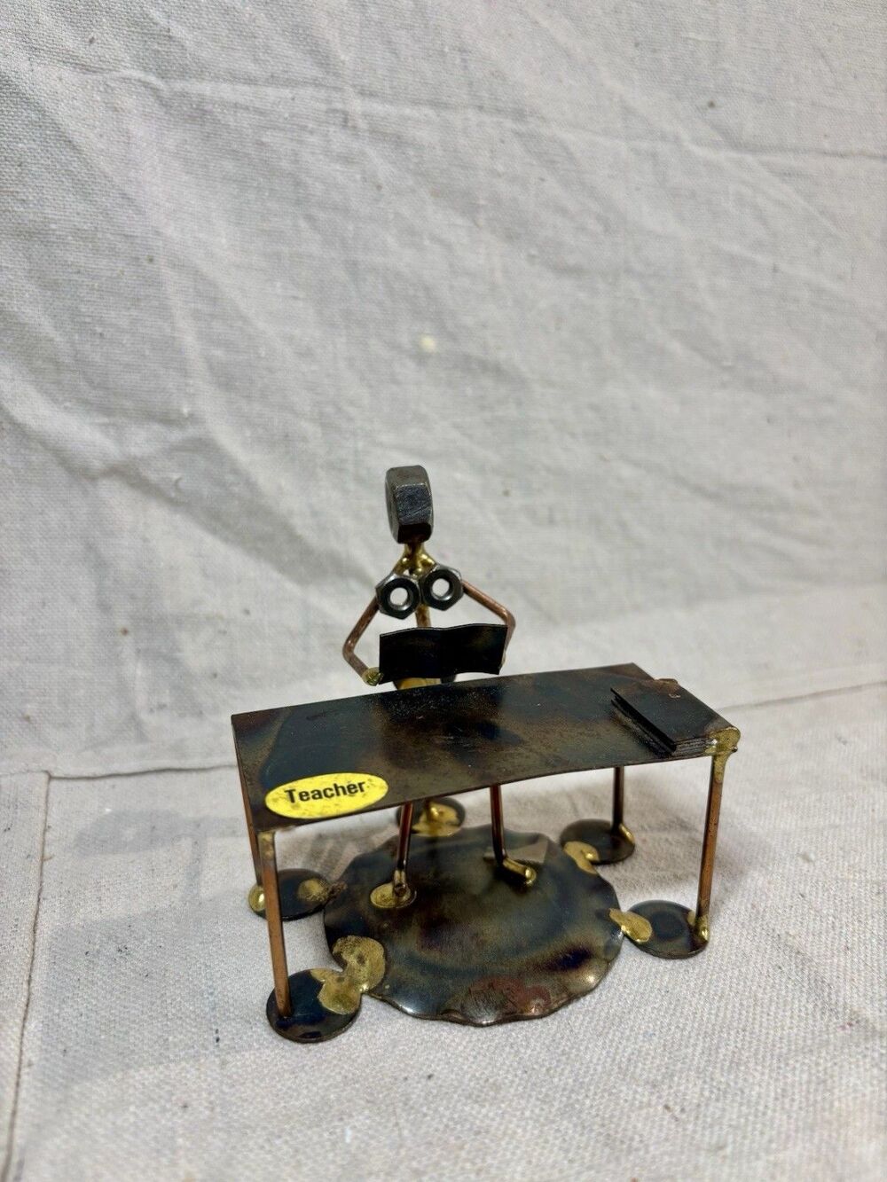 Folk Art Nuts & Wire Teacher Figurine Welded Possibly Rock Creek Metal Craft